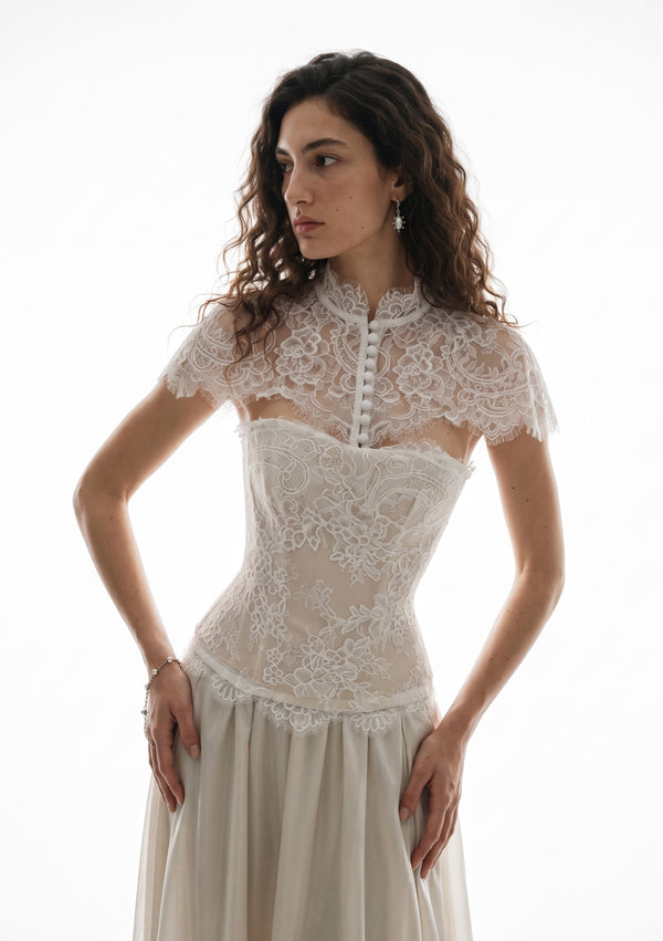 Etherea ivory lace shoulder capelet detail of floral lace and scalloped edge