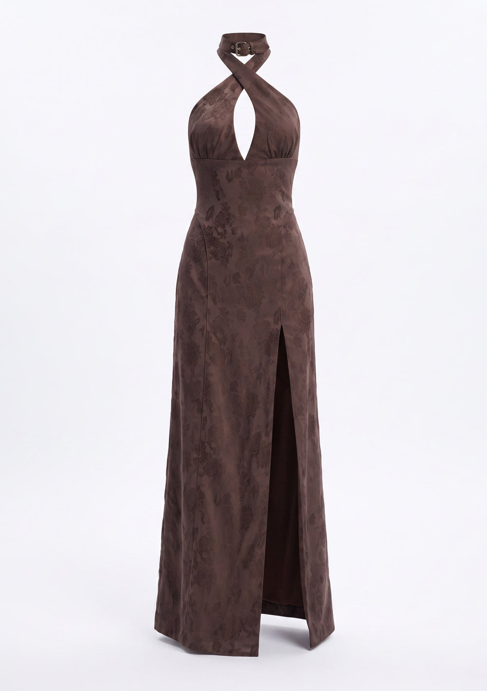 Rhiannon espresso brown jacquard maxi dress on model, halter neckline with a buckled collar and teardrop keyhole, high side slit open to the hip, full-length front view
