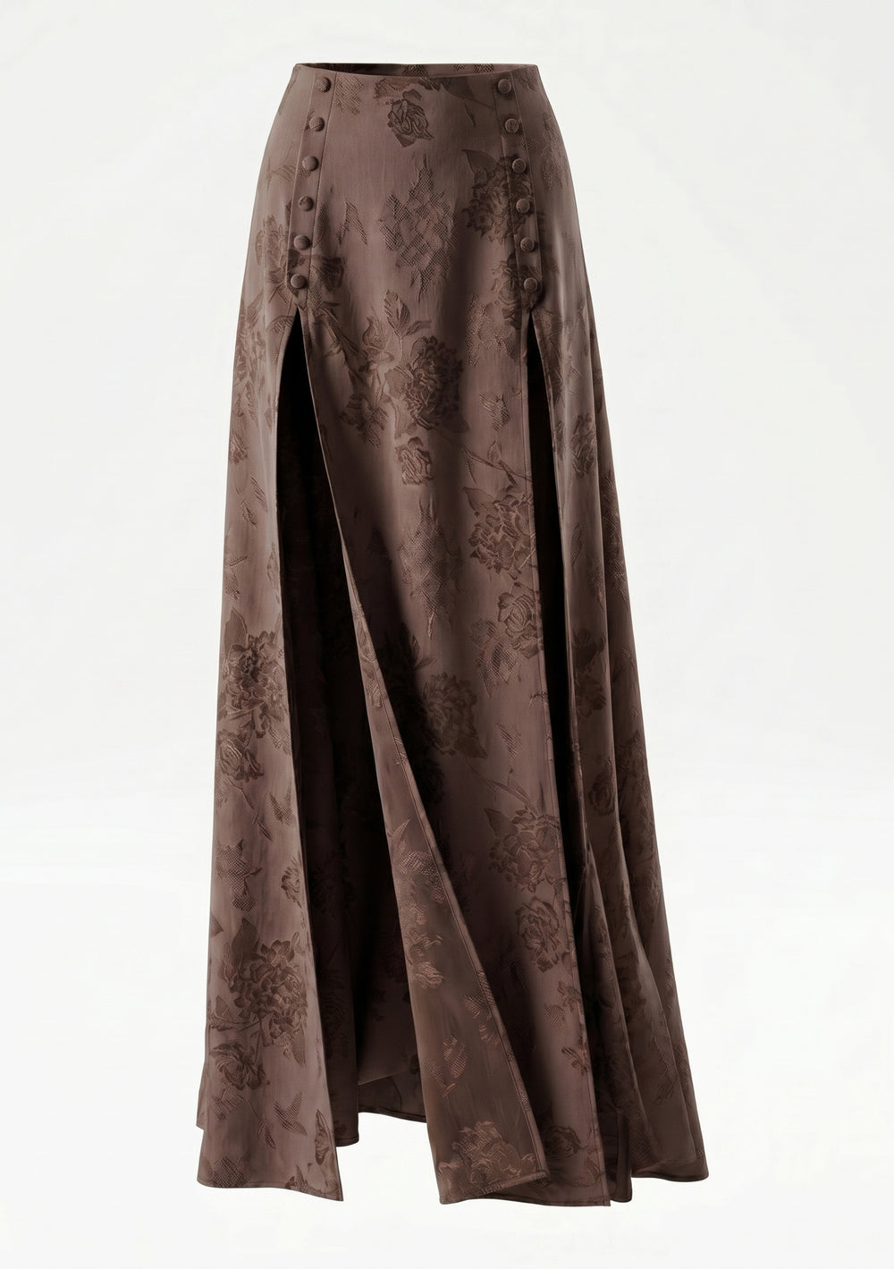 La Musa Baroque brown floral-jacquard maxi skirt with thigh-high slits and button placket, styled with the Baroque lace corset, full-length view
