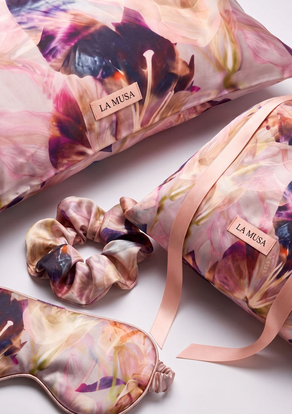 Opalia Sleep Set with pillowcase, eye mask, scrunchie and pouch in watercolor floral print in pink, ivory and deep violet