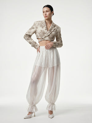 Lunaria Pants ivory organza balloon trousers gathered ankle ribbon ties front view