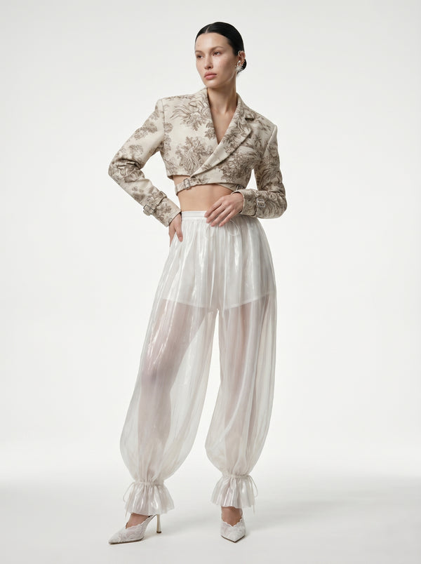 Lunaria Pants ivory organza balloon trousers gathered ankle ribbon ties front view