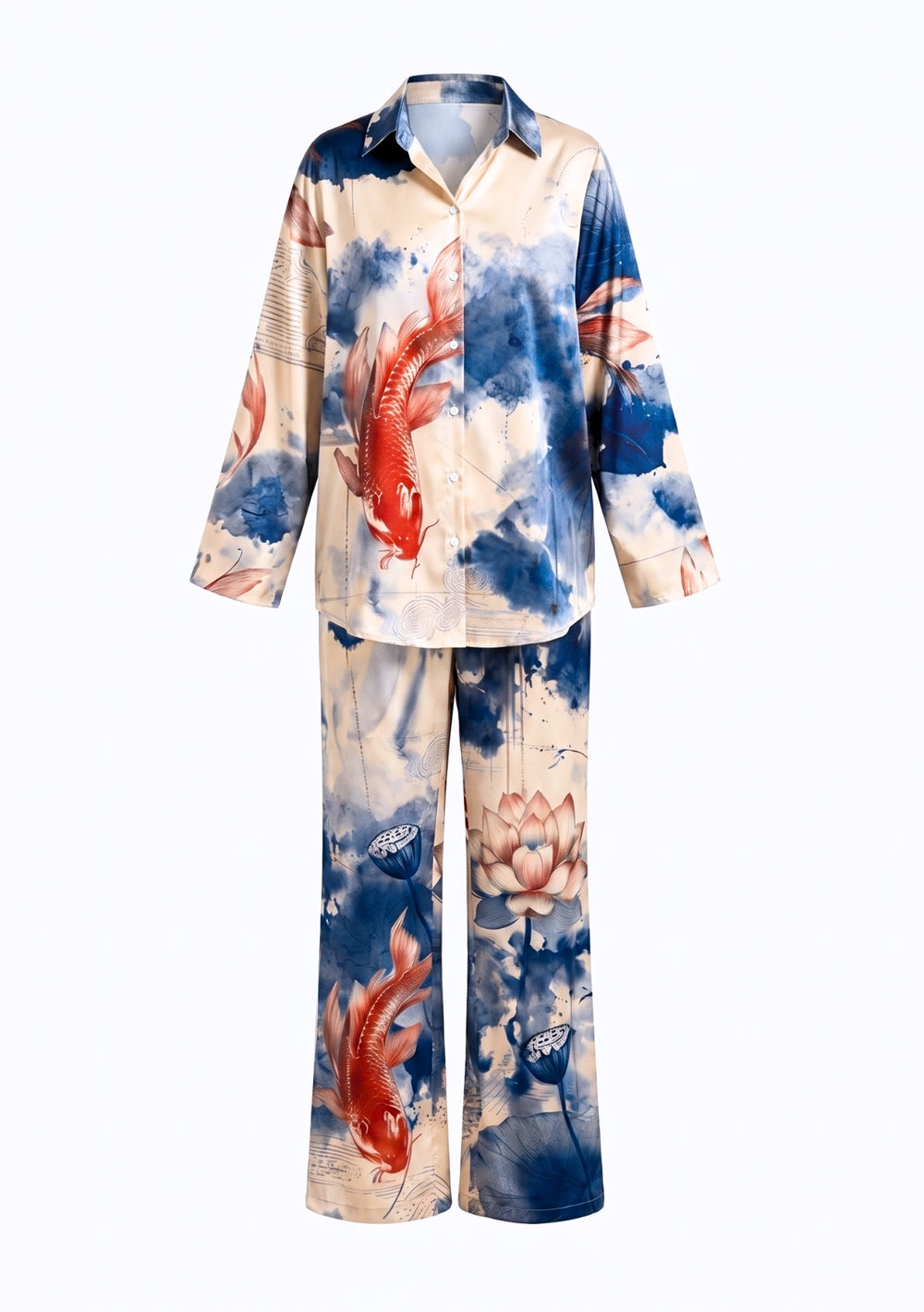Sumi Set, cream satin pajama set with blue ink-wash koi and lotus print, front view on model with button-down shirt and wide-leg trousers
