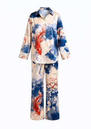 Sumi Set flat product shot, cream satin button-down shirt and matching wide-leg palazzo trousers with blue koi and lotus print