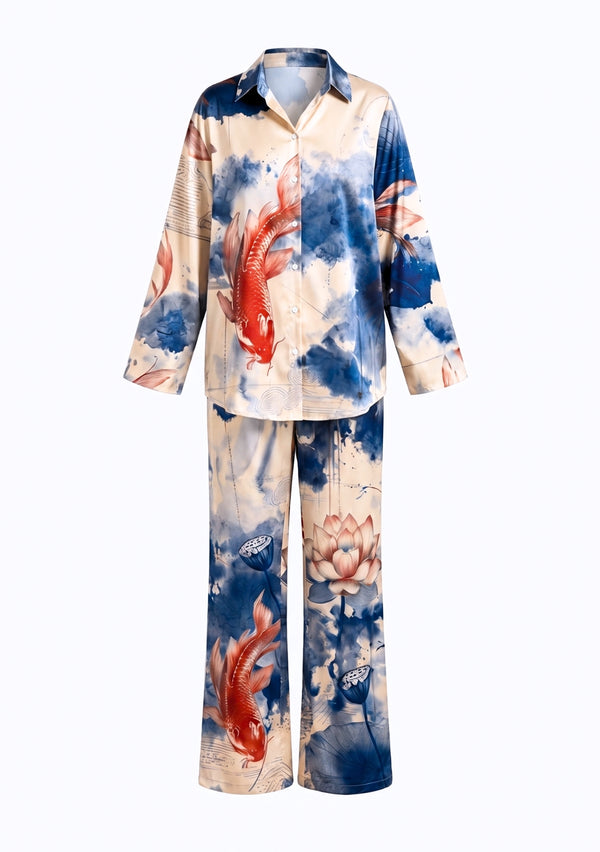 Sumi Set flat product shot, cream satin button-down shirt and matching wide-leg palazzo trousers with blue koi and lotus print
