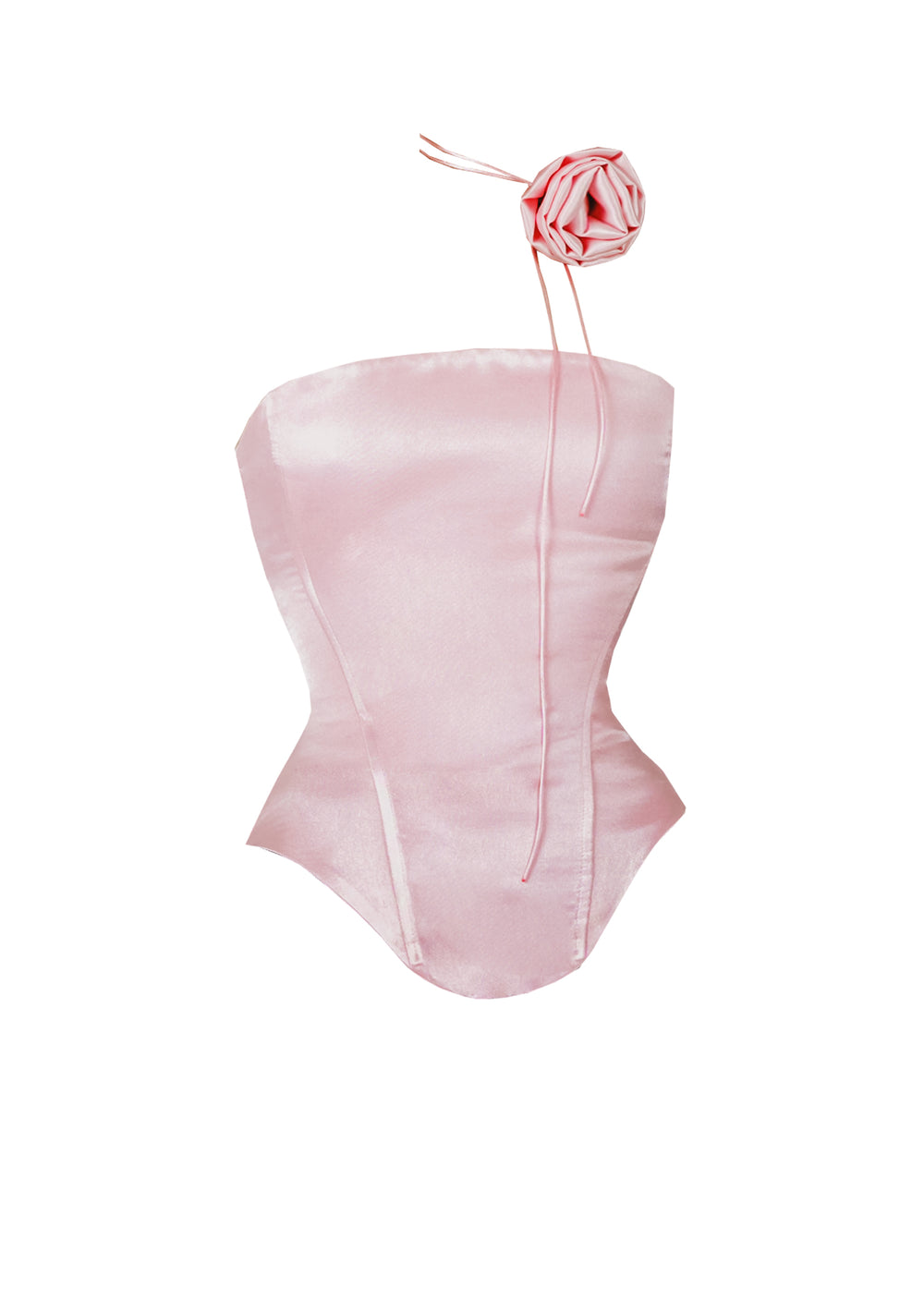 Pink satin Marshmellow strapless corset with rose tie choker, close up front view with black lace gloves