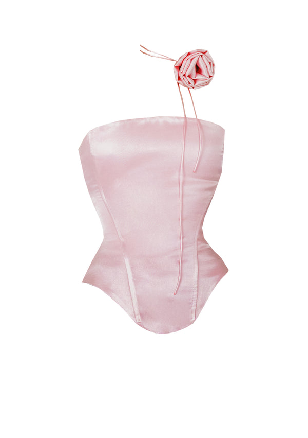 Pink satin Marshmellow corset product shot showing boned bodice, curved hem and matching rose tie choker