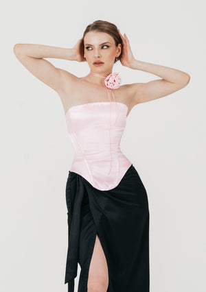 Pink satin Marshmellow corset front view with rose tie choker and black satin wrap skirt