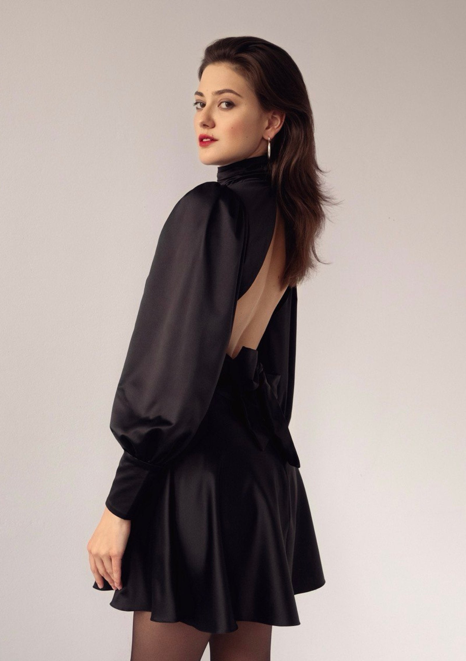 mysterious muse satin mini dress black Odd Muse - Satin Straight Neck Mini Dress
