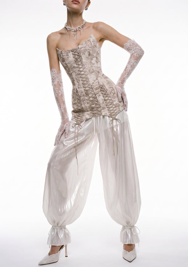 Sirocco Pants ivory sheer organza balloon pants front view on model styled with toile corset and lace gloves