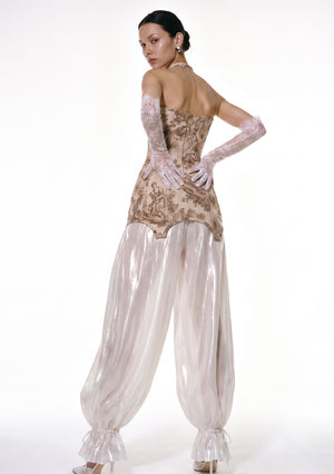 Sirocco Pants ivory organza balloon pants back view with drawstring ankle cuffs styled with toile corset