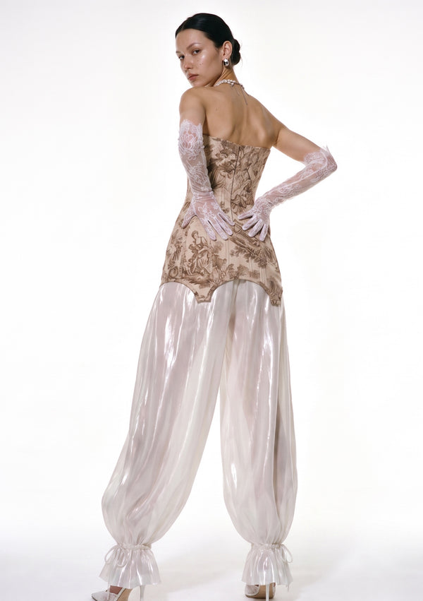 Sirocco Pants ivory organza balloon pants back view with drawstring ankle cuffs styled with toile corset