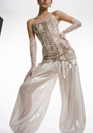 Sirocco Pants sheer pearlescent organza close up of drawstring waist ties and dramatic volume