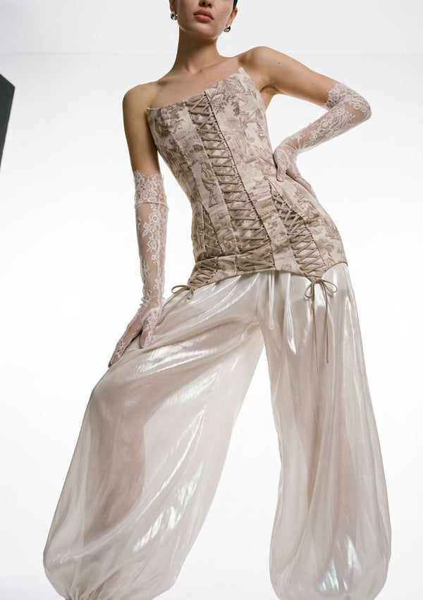 Sirocco Pants sheer pearlescent organza close up of drawstring waist ties and dramatic volume
