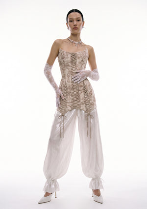 Sirocco Pants ivory organza balloon pants full length front view with ruffled drawstring ankle cuffs