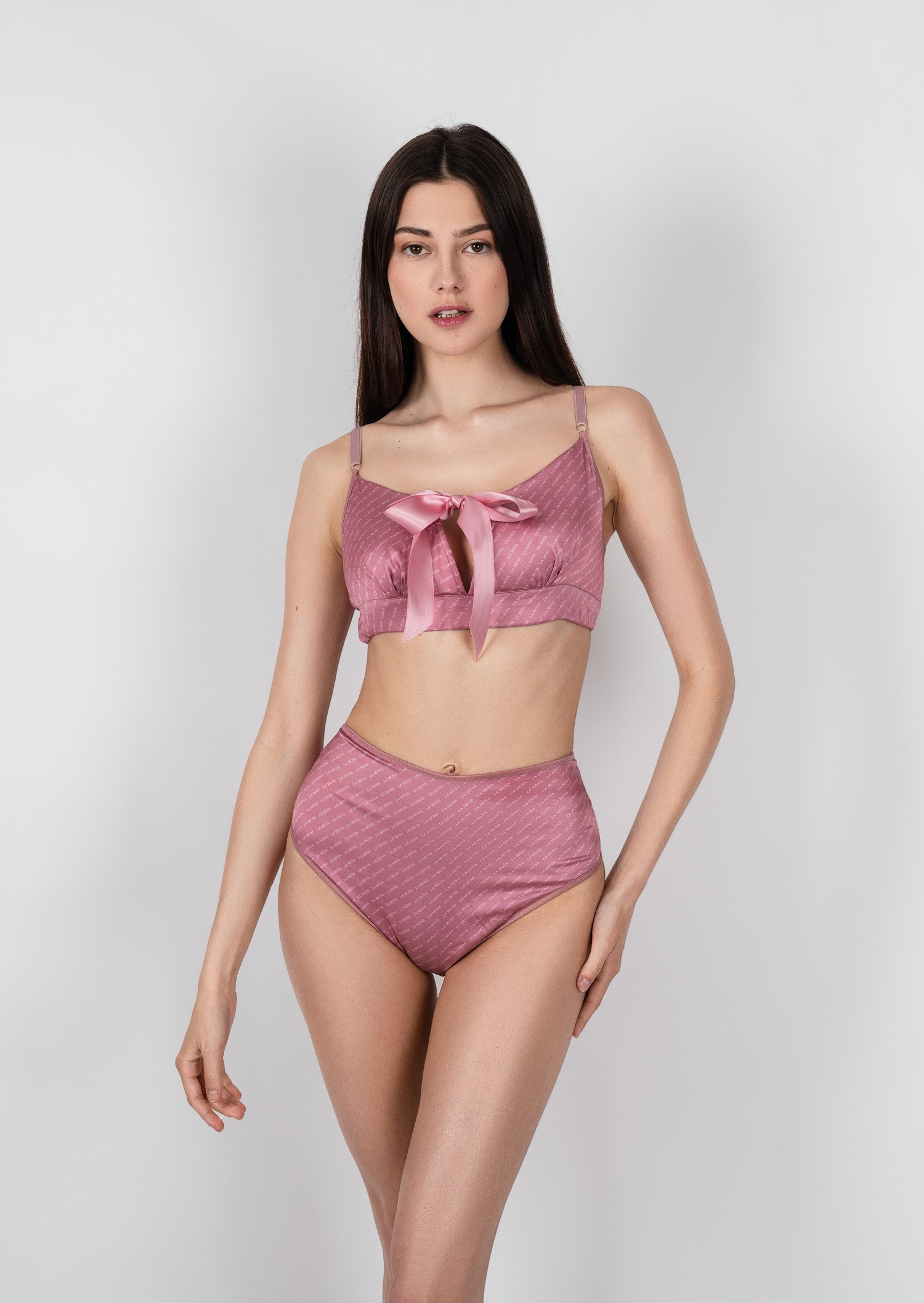 Peonie lingerie set / pink pure non wired bra and high waist panties / transparent erotic lingerie with bow / sexy crotchless underwear