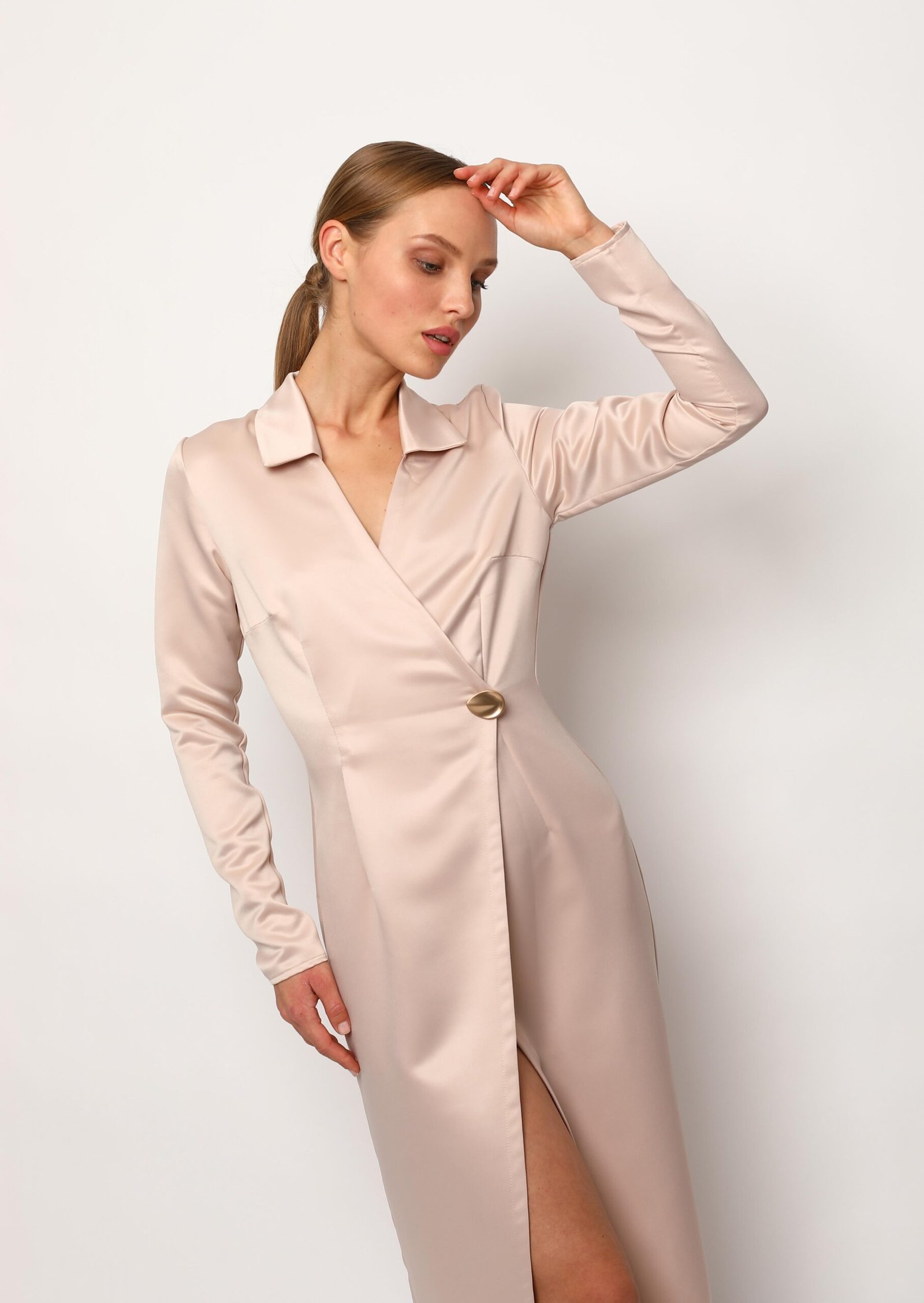 Dress Emilia / beige long sleeve wrap halter dress / casual dress for everyday and special occasions / office rose gold party sexy dress